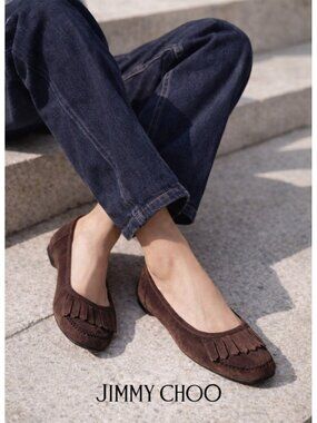 Jimmy Choo Brown Suede Ballet Flats 38.5 EU Fringe Moccasin Slip On Italy